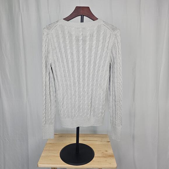 Banana Republic Shimmer Cable Knit Sweater L Metallic Silver Lightweight - Picture 4 of 4